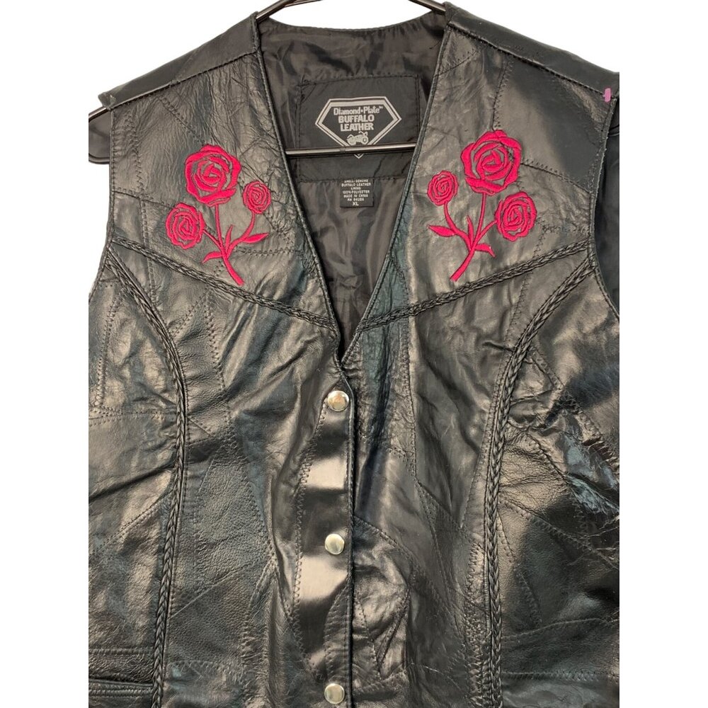Moto Vtg Diamond Plate Buffalo Leather Vest Red R… - image 8